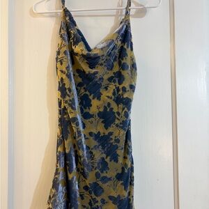 Blue and Gold Floral Velvet Mini Dress